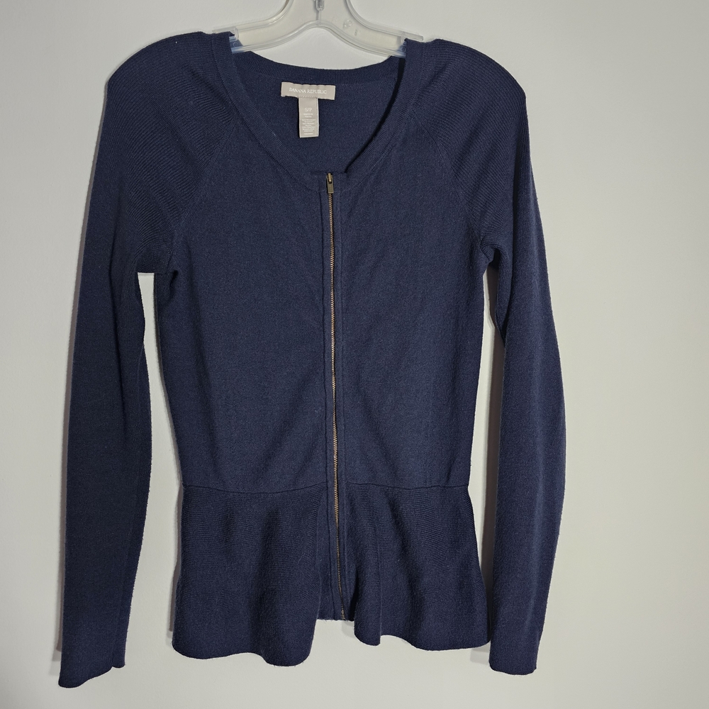 🩷 Banana Republic Navy Blue Peplum Zip up Cardigan - merino wool blend - Small